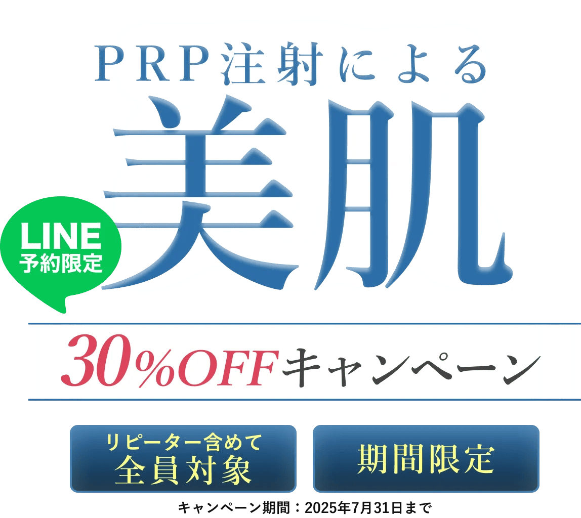 PRP注射による美肌30%OFFキャンペーンリピーター含めて全員対象/期間限定 キャンペーン期間：2025年7月31日まで