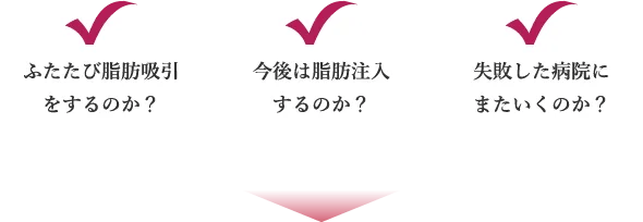ふたたび脂肪吸引をするのか？ 今後は脂肪注入するのか？ 失敗した病院にまたいくのか？