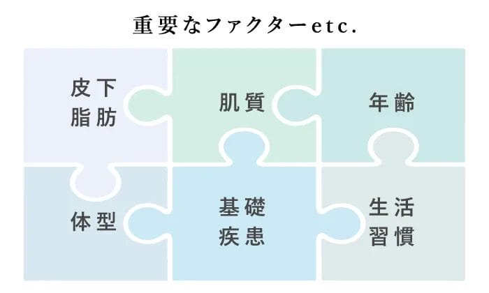 重要なファクターetc. 皮下脂肪 肌質 年齢 体型 基礎疾患 生活習慣
